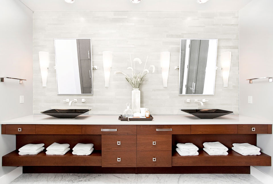 Norstone White Lynia Mosaic Wall Tiles on backsplash of a large modern bathroom